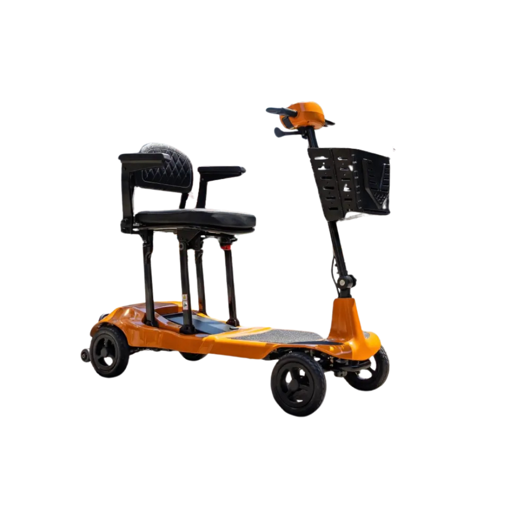 The Monarch Genie Ultralight Portable Mobility Scooter, shown in orange with four wheels, a padded black seat, armrests, a front basket, and handlebars, is photographed on a white background.