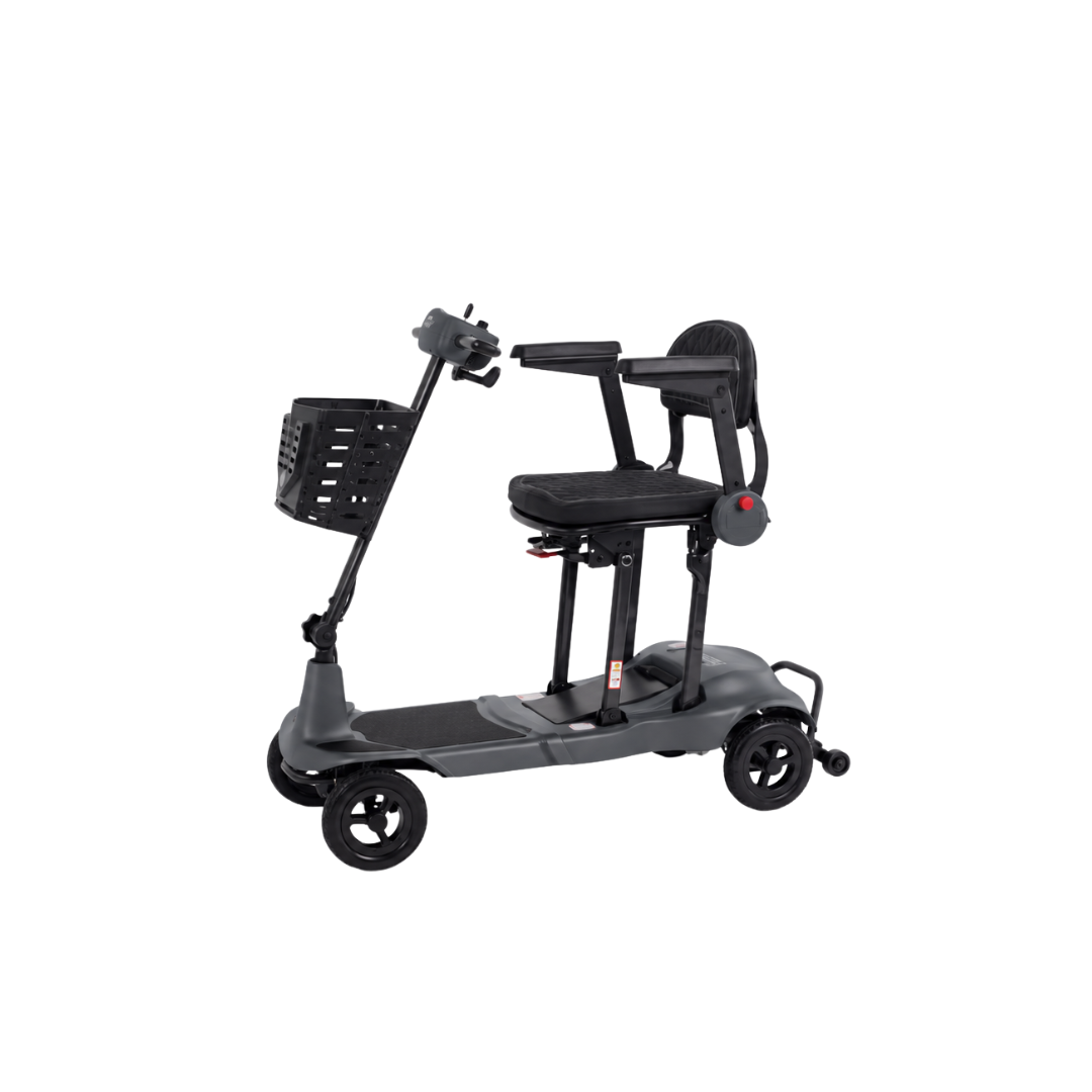 A gray Monarch Genie Ultralight Portable Mobility Scooter with four wheels, a black seat, handlebars, and a front-mounted storage basket.