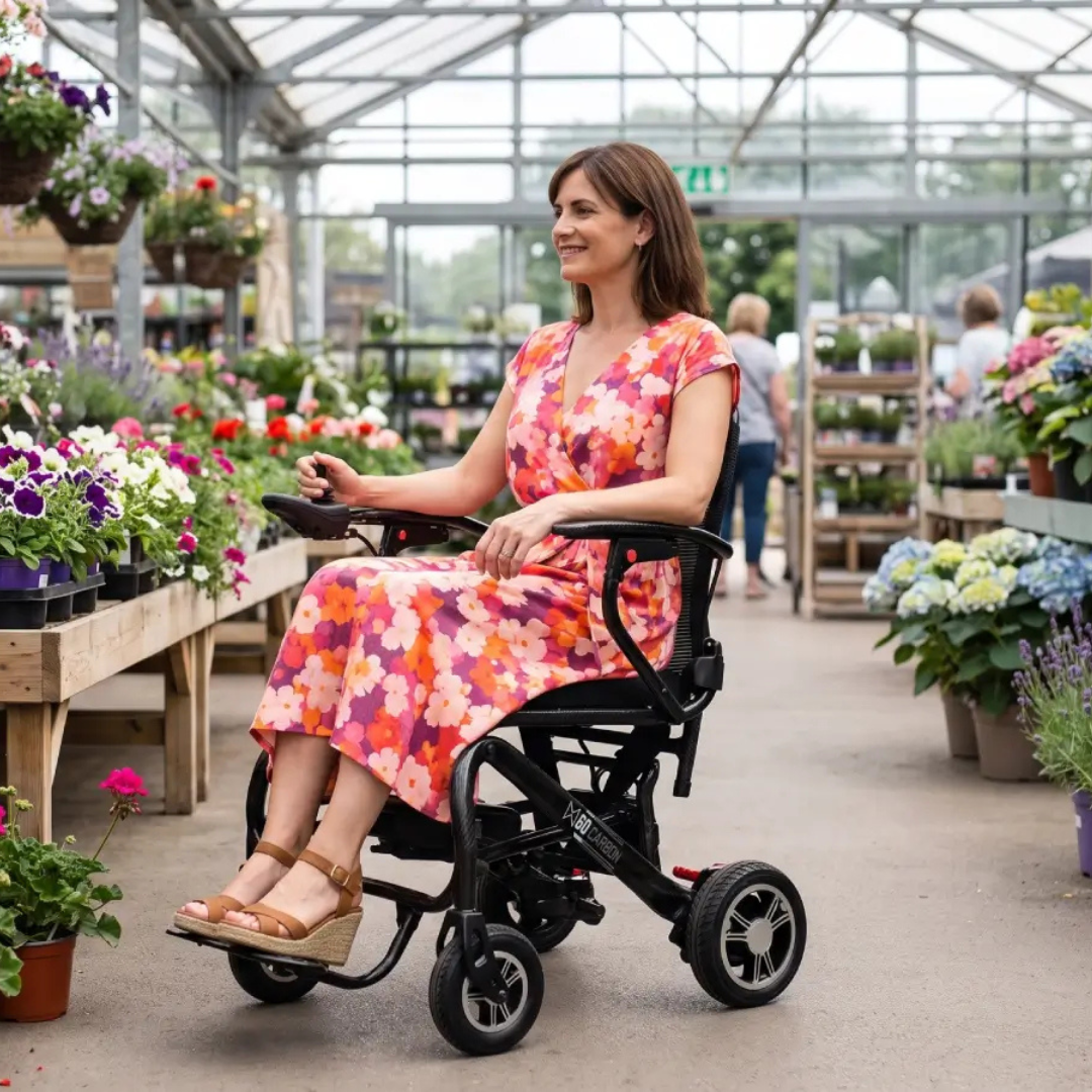A woman in a floral dress smiles as she explores a greenhouse filled with vibrant flowers and plants while using the Monarch MM60 Carbon Ultralite Electric Wheelchair.