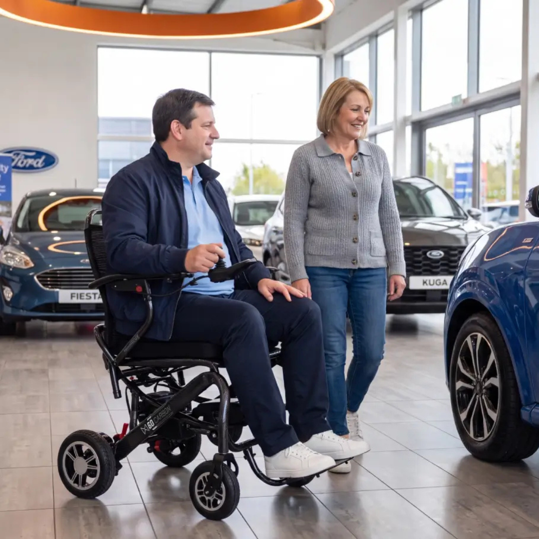 A man in a Monarch MM60 Carbon Ultralite Electric Wheelchair and a woman walk together inside a car showroom, looking at vehicles displayed on the shiny tiled floor.
