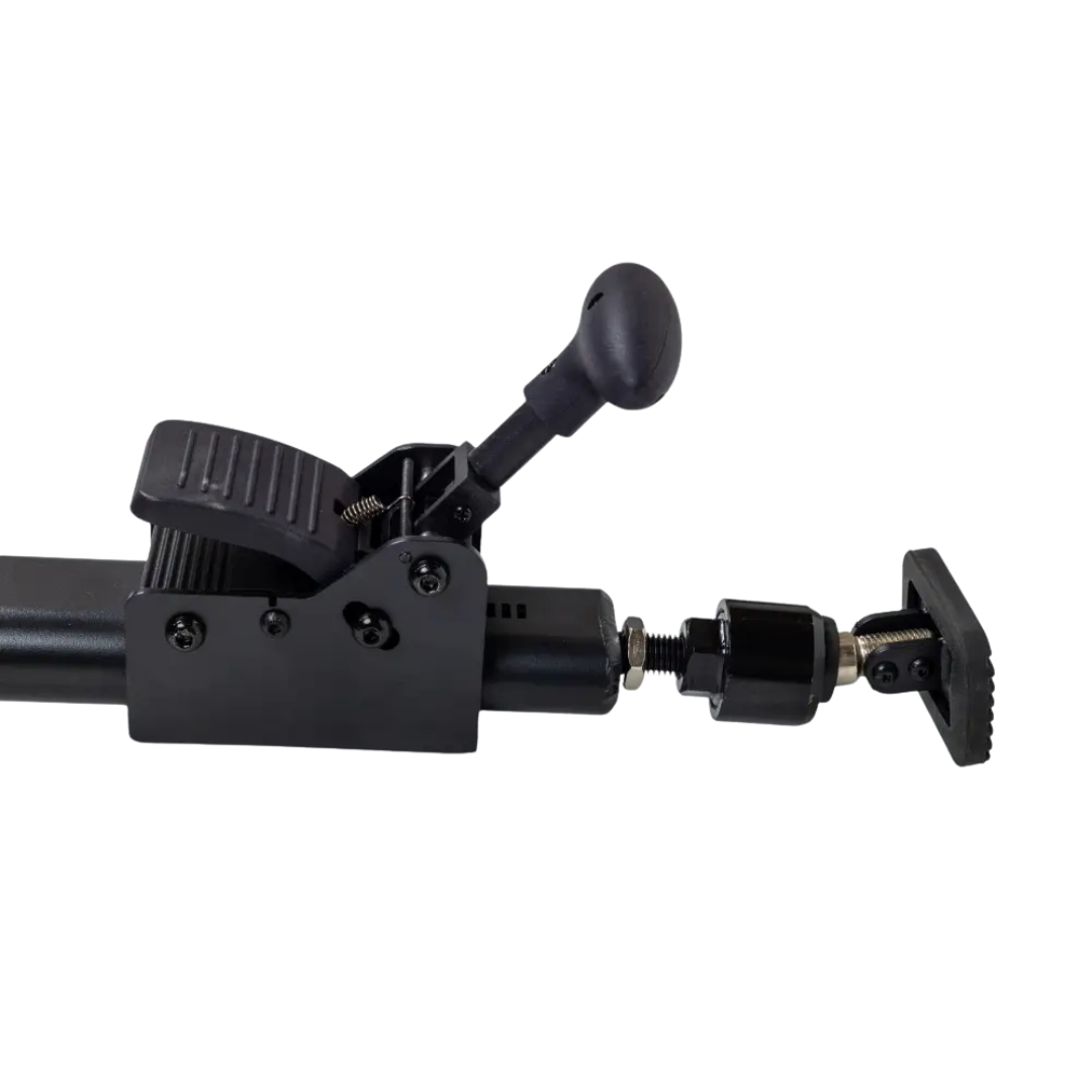 Close-up of the Monarch Atlas 4 Portable Car Lift - Mobility Aid Lifter’s black adjustable clamp with lever and rotating knob, securely attached to a metal rod, shown against a white background.