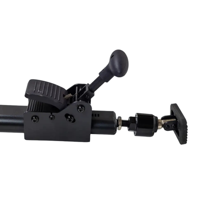 Close-up of the Monarch Atlas 4 Portable Car Lift - Mobility Aid Lifter’s black adjustable clamp with lever and rotating knob, securely attached to a metal rod, shown against a white background.
