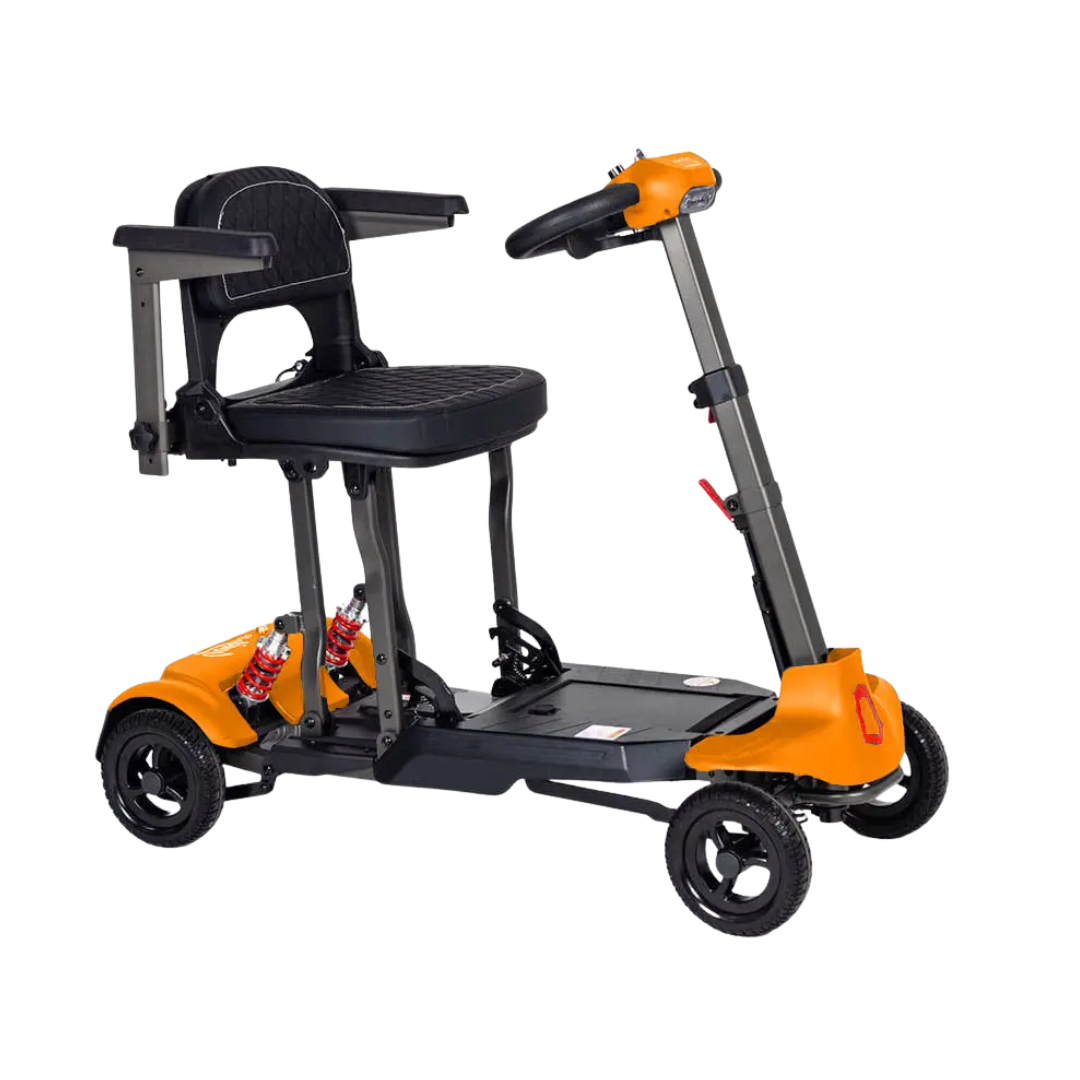 The Monarch Genie Auto Folding Portable Scooter is a compact orange and black four-wheel mobility scooter with padded seat, armrests, handlebars, and sturdy frame—let me know if you need more features or details!.