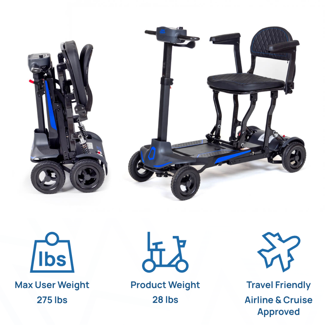 Two views of the Monarch Supa Carbon Lite Ultra-Lightweight Carbon-Fiber Scooter—one folded upright, one unfolded. Icons below show a 275 lbs user limit, 28 lbs weight, and airline/cruise travel approval.