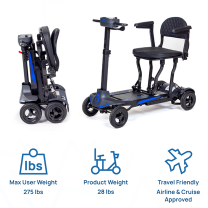 Two views of the Monarch Supa Carbon Lite Ultra-Lightweight Carbon-Fiber Scooter—one folded upright, one unfolded. Icons below show a 275 lbs user limit, 28 lbs weight, and airline/cruise travel approval.