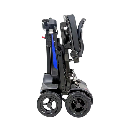 The Monarch Supa Carbon Lite Ultra-Lightweight Carbon-Fiber Scooter, shown upright on four wheels in black and blue, features a sleek side profile with seat, armrests, and easy-to-use control joystick against a white background.