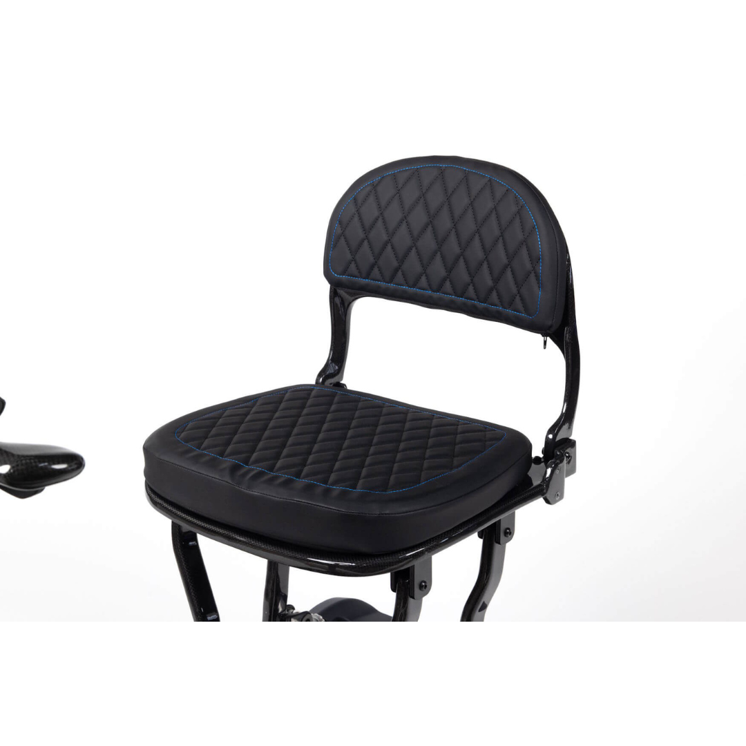 Monarch Supa Carbon Lite Ultra-Lightweight Carbon-Fiber Scooter with a black diamond-stitched padded seat, blue-trimmed backrest, and sturdy metal frame—displayed on a plain white background.