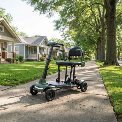 The Monarch Smarti Plus Ultra-Lite Auto Folding Scooter, a compact four-wheeled mobility scooter with a seat, is parked on a sunny suburban sidewalk, providing reliable and easy transportation for independent living among green lawns and trees.
