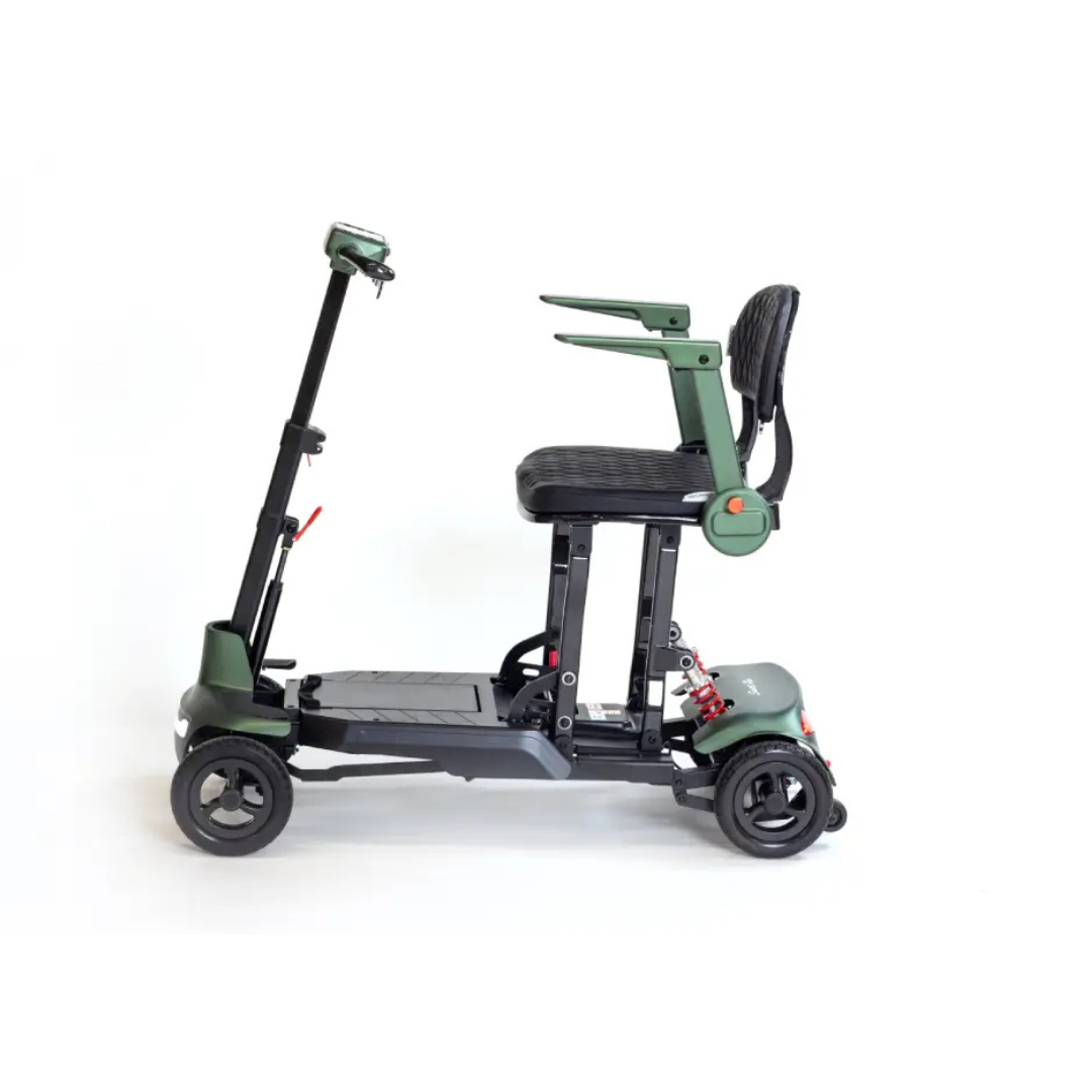 Side view of the Monarch Smarti Plus Ultra-Lite Auto Folding Scooter, a compact four-wheeled mobility scooter with black seat and armrests, green frame, and handlebar control panel, displayed on a white background.