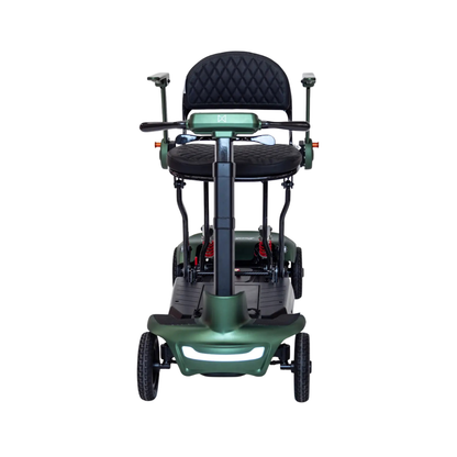 Front view of the Monarch Smarti Plus Ultra-Lite Auto Folding Scooter in green, featuring a black cushioned seat, backrest, armrests, handlebars, and three wheels for enhanced accessibility against a white background.