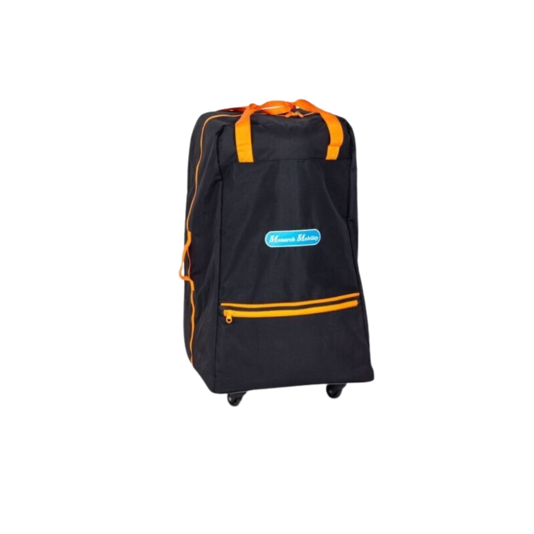 The Rolling Travel Bag for Monarch Mobility Portable Scooters is black with orange handles and zippers, has a front pocket, and displays a blue and white logo. The bag stands upright against a white background.