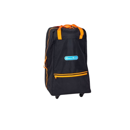 The Rolling Travel Bag for Monarch Mobility Portable Scooters is black with orange handles and zippers, has a front pocket, and displays a blue and white logo. The bag stands upright against a white background.