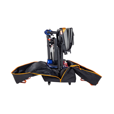 A Monarch Mobility Portable Scooter is secured inside the Rolling Travel Bag for Monarch Mobility Portable Scooters, a compact, foldable bag with black and orange accents, displayed against a white background.