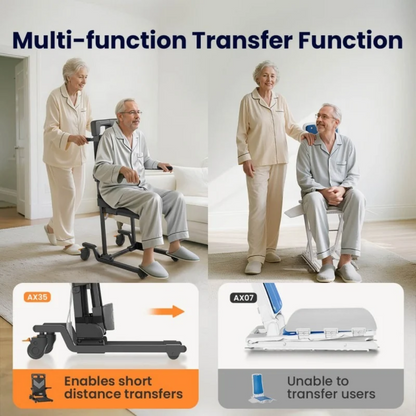 A woman pushes a man in a VOCIC AX35 Movable Electric Chair & Floor Lift with 4 Wheels, shown alongside a comparison between an electric transfer chair and a static seat.