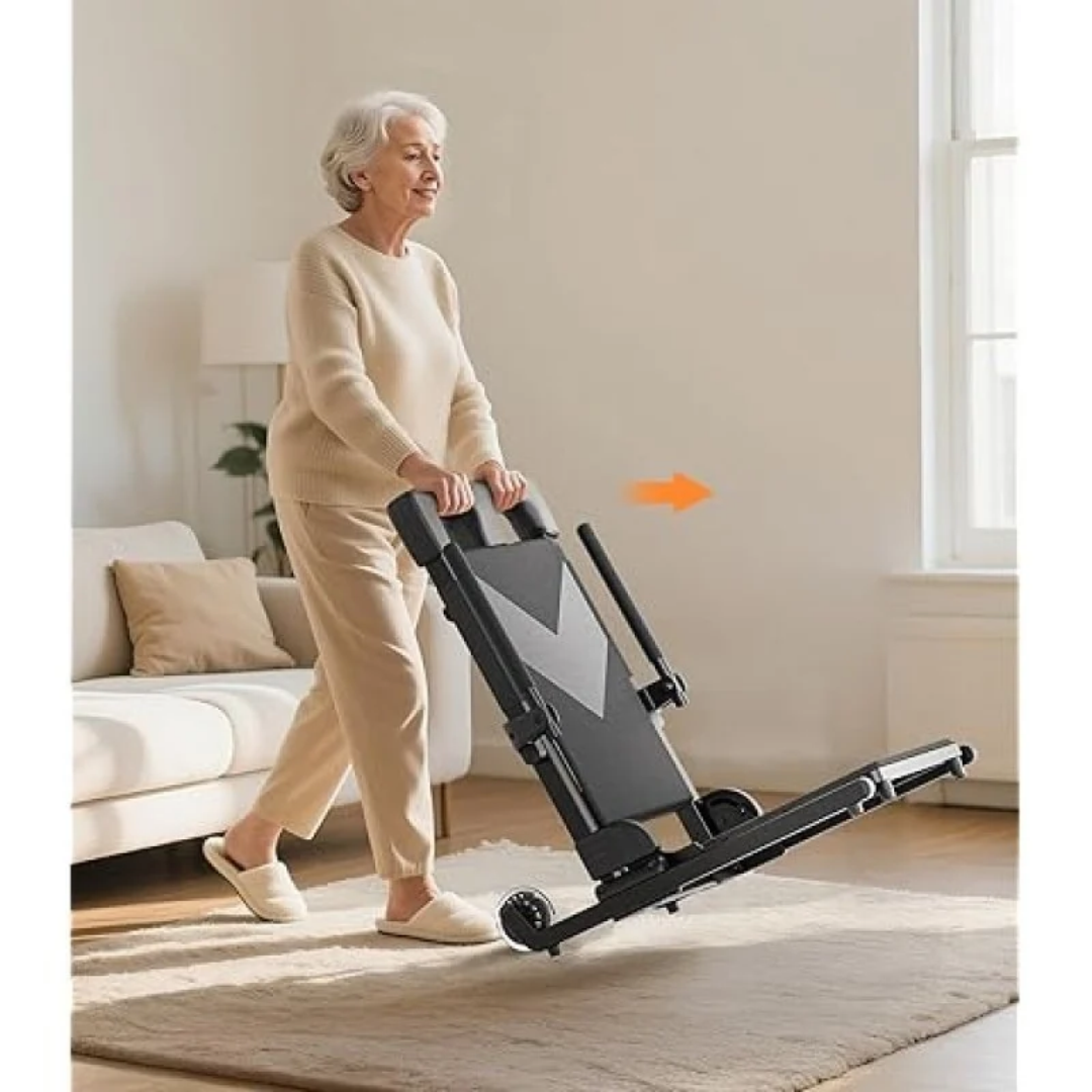 An older woman pushes a folded VOCIC AX35 Movable Electric Chair & Floor Lift with 4 Wheels across a living room.
