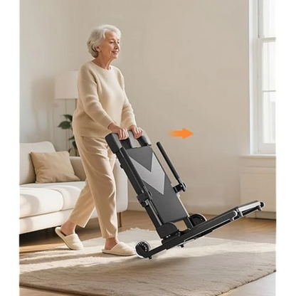 An older woman pushes a folded VOCIC AX35 Movable Electric Chair & Floor Lift with 4 Wheels across a living room.