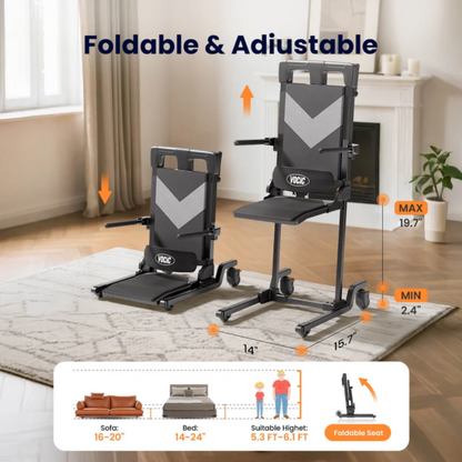 Two VOCIC AX35 Movable Electric Chair & Floor Lifts shown at different heights, with diagrams demonstrating compatibility with sofa and bed heights, user height ranges, and the foldable design.