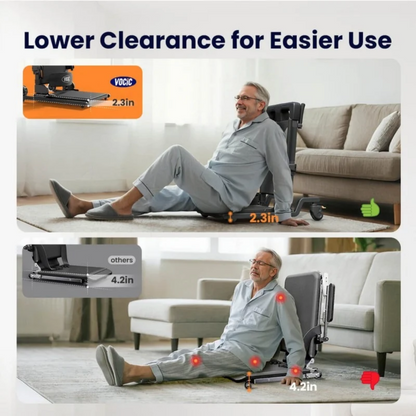 A side-by-side comparison of the VOCIC AX35 Movable Electric Chair & Floor Lift with 4 Wheels, showing the low-clearance 2.3-inch model next to the 4.2-inch model to highlight their different profiles.