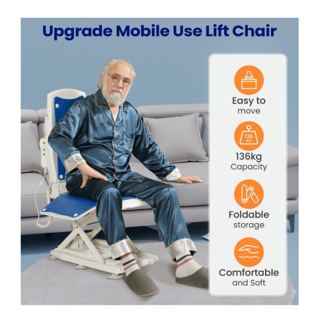 An older man sits on a VOCIC AX10 Multi-Functional Electric Bathtub & Floor Lift Chair, which features mobility, a 136kg weight capacity, foldable storage, and comfort.