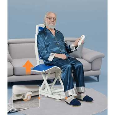 An elderly man sits on a white VOCIC AX10 Multi-Functional Electric Bathtub & Floor Lift Chair holding a remote, with an inset showing the castor wheel and an orange arrow indicating upward movement.