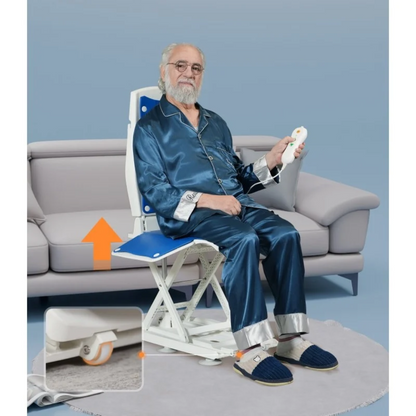 An elderly man sits on a white VOCIC AX10 Multi-Functional Electric Bathtub & Floor Lift Chair holding a remote, with an inset showing the castor wheel and an orange arrow indicating upward movement.