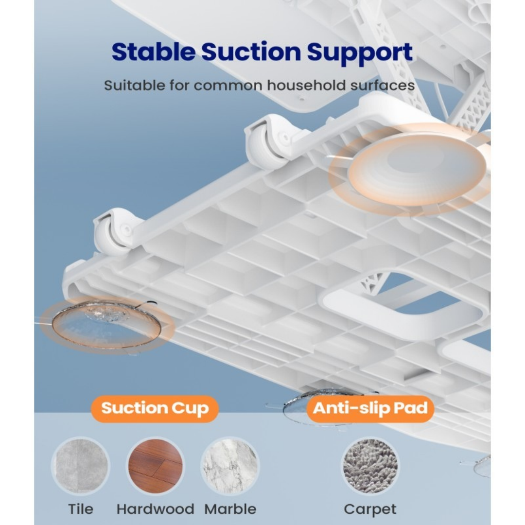 The underside of a Multi-Functional Electric Bathtub & Floor Lift Chair | VOCIC AX10 base features suction cups and anti-slip pads, with text indicating compatibility with tile, hardwood, marble, and carpet surfaces.