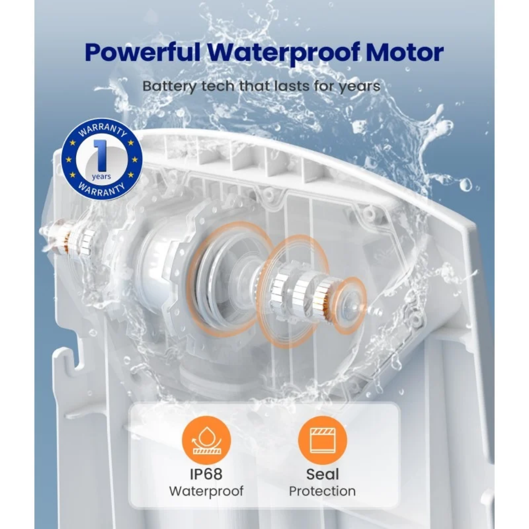 Cross-section of a VOCIC AX10 Multi-Functional Electric Bathtub & Floor Lift Chair motor mechanism with a one-year warranty badge, highlighting its IP68 waterproof rating and protective seals.