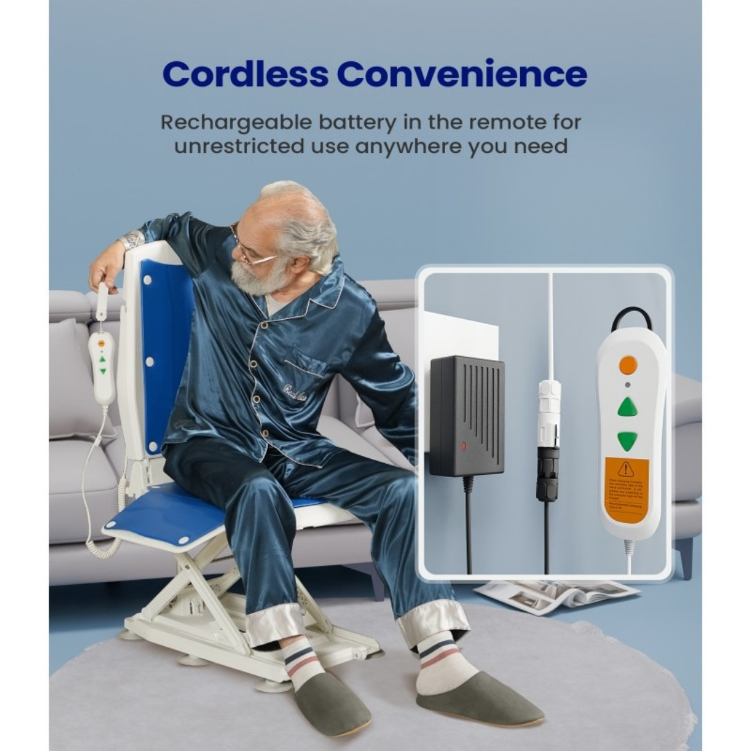 A man in pajamas sits in a VOCIC AX10 Multi-Functional Electric Bathtub & Floor Lift Chair holding a corded remote control, with an inset showing the remote and charging components.