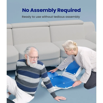 A woman helps an older man sit onto a VOCIC AX10 Multi-Functional Electric Bathtub & Floor Lift Chair, which requires no assembly.
