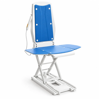 A white and blue VOCIC AX10 Multi-Functional Electric Bathtub & Floor Lift Chair with an integrated remote control.