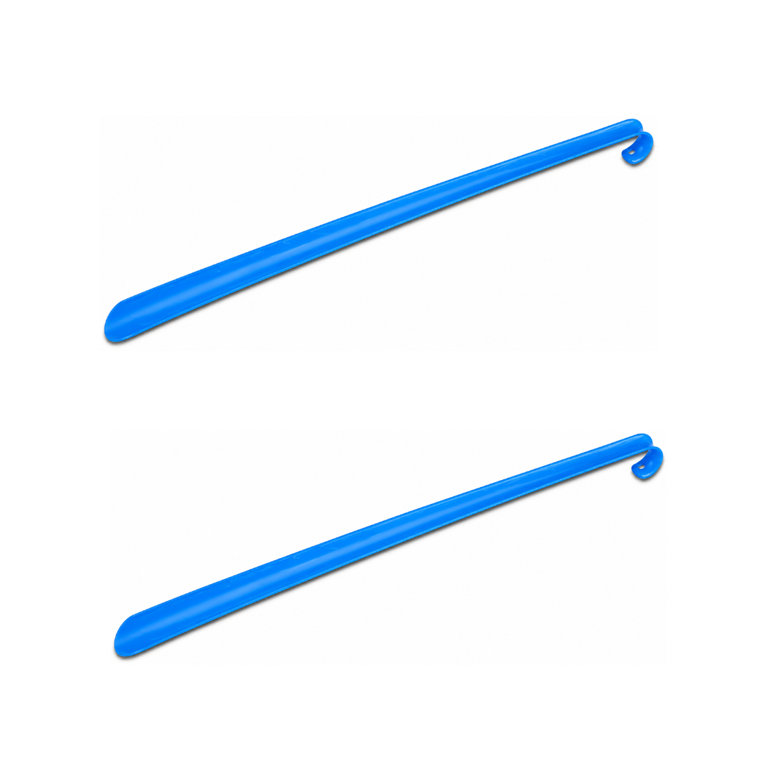 Two Nova 24″ Extra Long Shoe Horns, included in a pack of two, are shown on a white background. Each blue plastic shoehorn features a hook on one end, and both are positioned parallel to each other, facing the same direction.