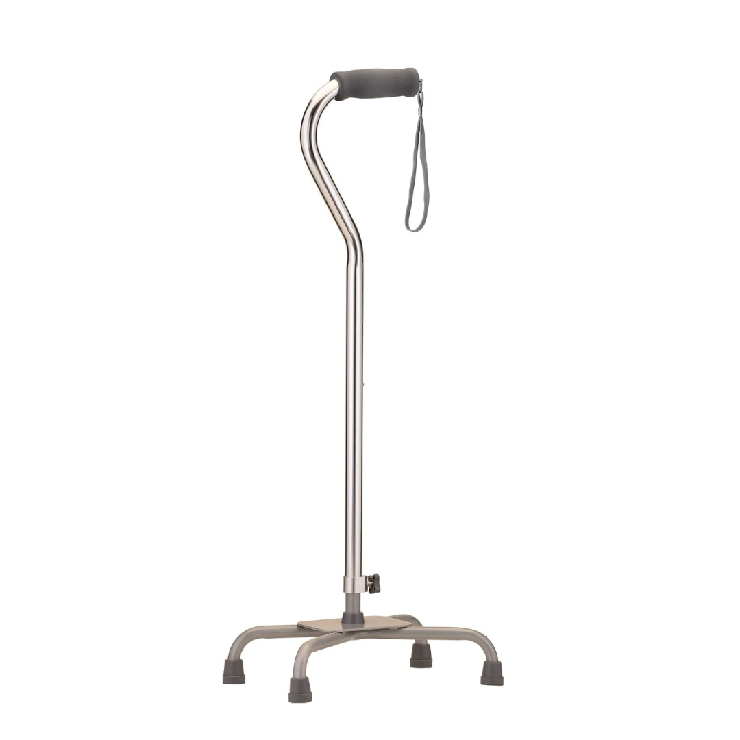 The Nova Heavy Duty Bariatric Quad Cane with Large Base features a durable metal frame, a black foam handle with wrist strap, and four rubber-tipped feet for enhanced stability, shown standing upright against a white background.