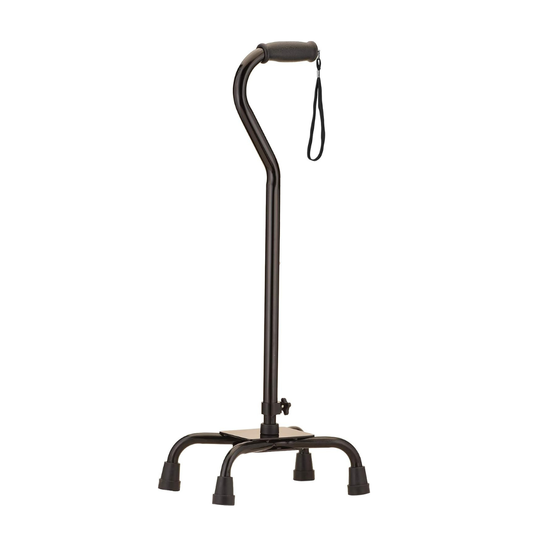 The Nova Heavy Duty Bariatric Quad Cane with Large Base features four rubber-tipped legs, an angled handle with a foam grip, and an attached wrist strap, designed for enhanced stability and support.