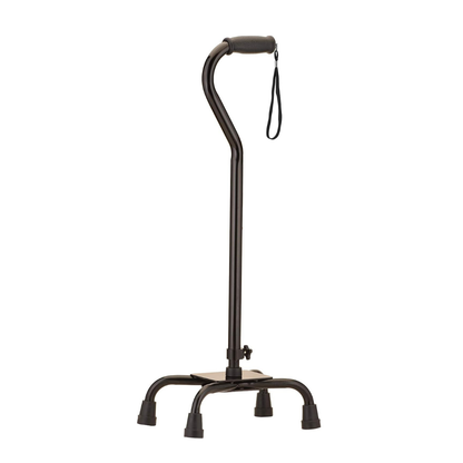 The Nova Heavy Duty Bariatric Quad Cane with Large Base features four rubber-tipped legs, an angled handle with a foam grip, and an attached wrist strap, designed for enhanced stability and support.