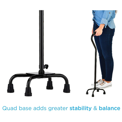 A person stands holding the Nova Heavy Duty Bariatric Quad Cane with Large Base, featuring four rubber-tipped legs. The cane’s large base offers added stability and balance. Text reads: Quad base adds greater stability & balance.