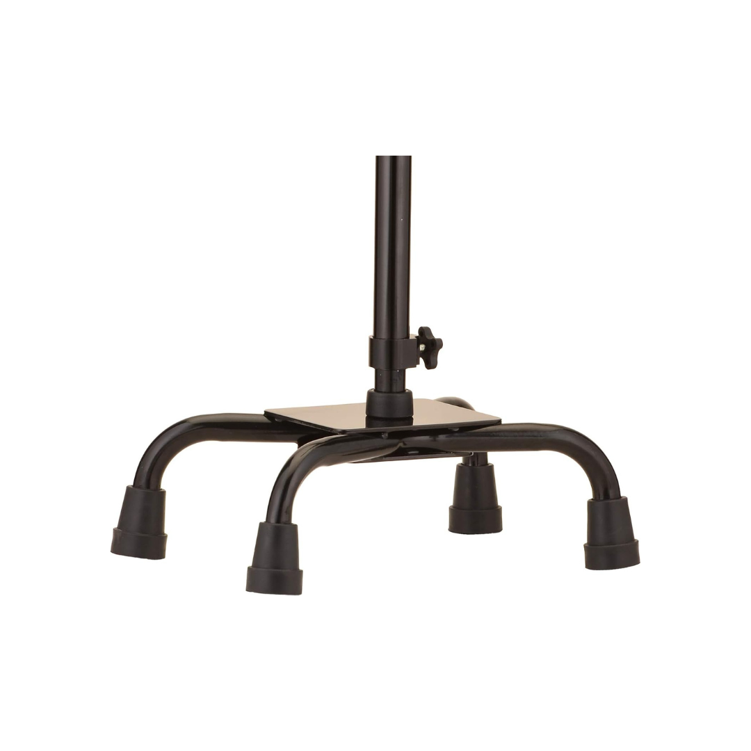 A close-up of the Nova Heavy Duty Bariatric Quad Cane with Large Base, featuring a black finish and four rubber-tipped legs for enhanced stability and support, set against a white background.
