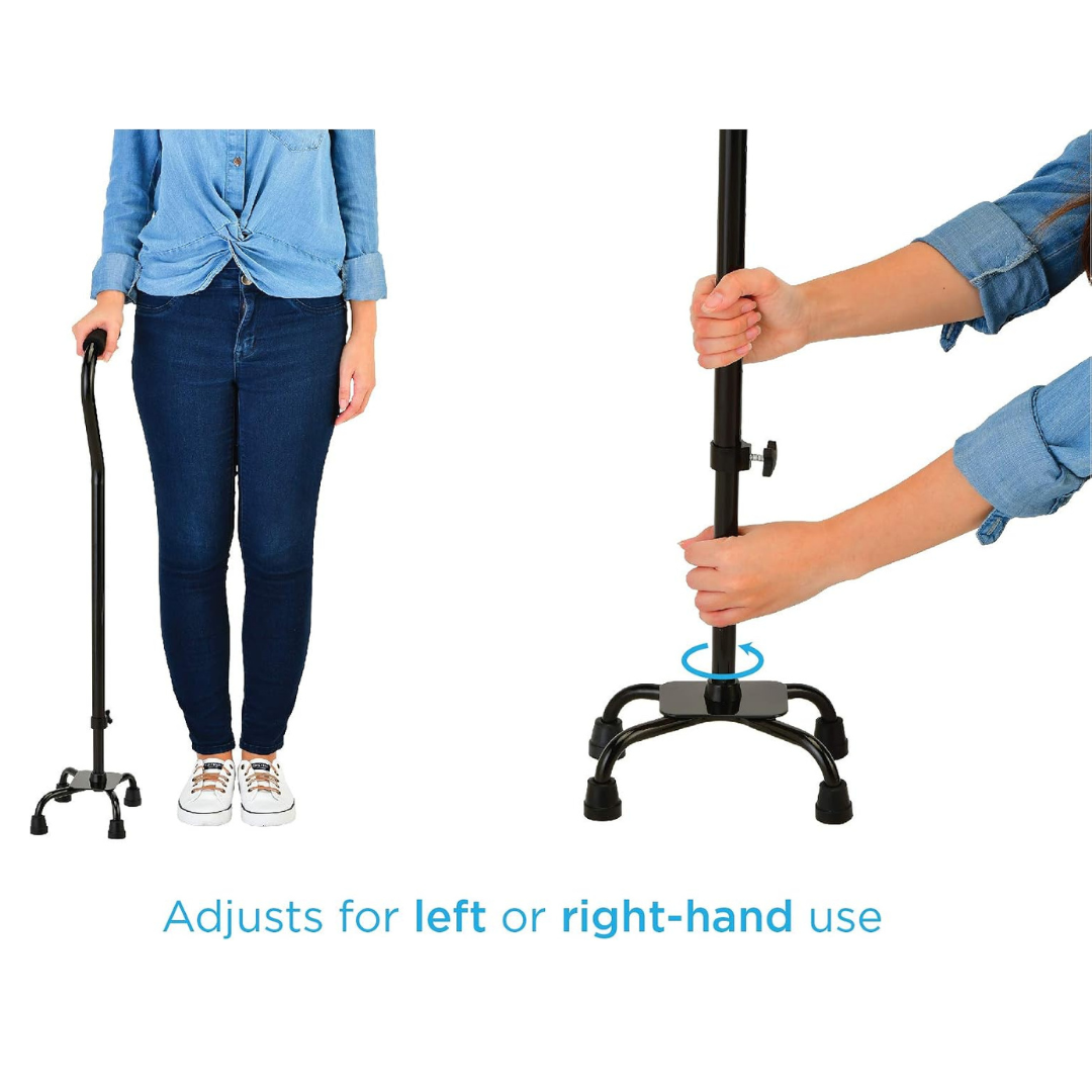 Person holding a Nova Heavy Duty Bariatric Quad Cane with Large Base in one hand; second image shows hands adjusting the cane’s height. Text reads, Adjusts for left or right-hand use.