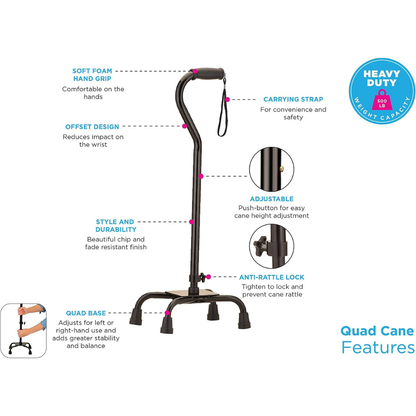 A black Nova Heavy Duty Bariatric Quad Cane with Large Base, featuring a soft foam hand grip, carrying strap, offset design, adjustable height, anti-rattle lock, durable construction, and a wide quad base for enhanced stability.