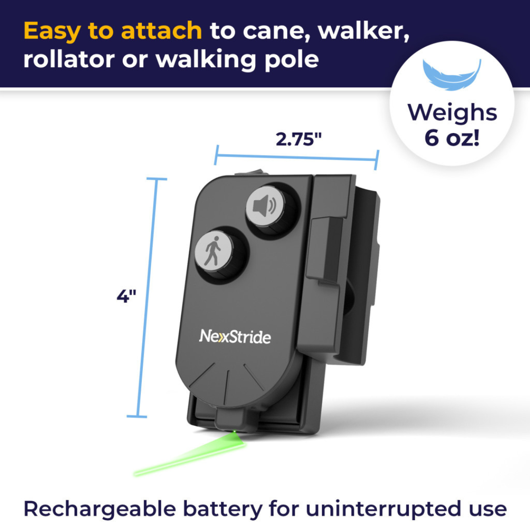 The NexStride® Visual and Auditory Cueing Device For Walking Aids is shown in black with buttons, measures 4 x 2.75 inches, weighs 6 oz, attaches easily to mobility aids, and provides both visual and auditory cues with a rechargeable battery for uninterrupted use.