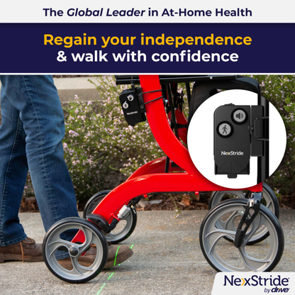 A person using a red walker with a laser guide outdoors, shown in close-up with the NexStride® Visual and Auditory Cueing Device For Walking Aids attached, accompanied by text highlighting how it promotes independence and confidence while walking.