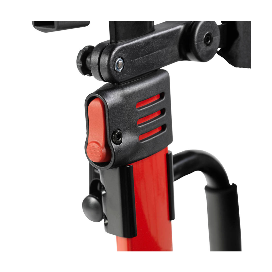 Close-up of the red and black adjustable locking mechanism with a prominent red button on the Drive Hybrid Nitro® Duet Rollator and Transport Chair, designed for enhanced safety and convenience.