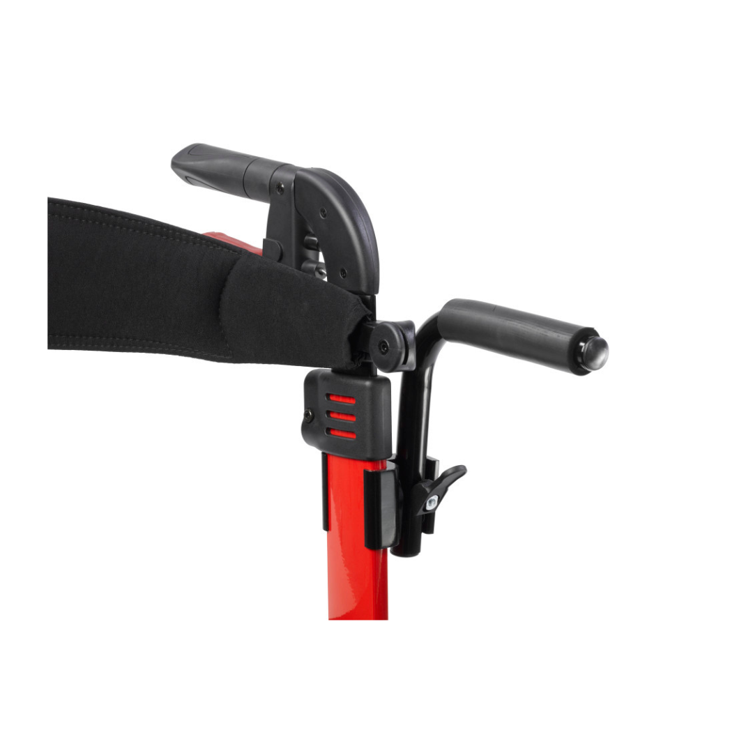 Close-up of a black handlebar and brake on the Drive Hybrid Nitro® Duet Rollator and Transport Chair in red, with a padded support strap visible on the left side.