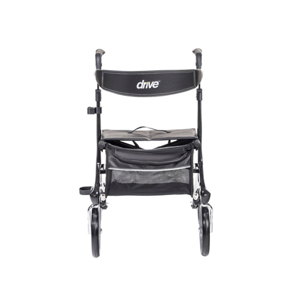 The Drive Nitro® Elite CF Carbon Fiber Rollator, shown from the rear, is a lightweight, black rollator with large rear wheels, smaller front wheels, branding on the backrest, and a mesh storage pouch under the seat.