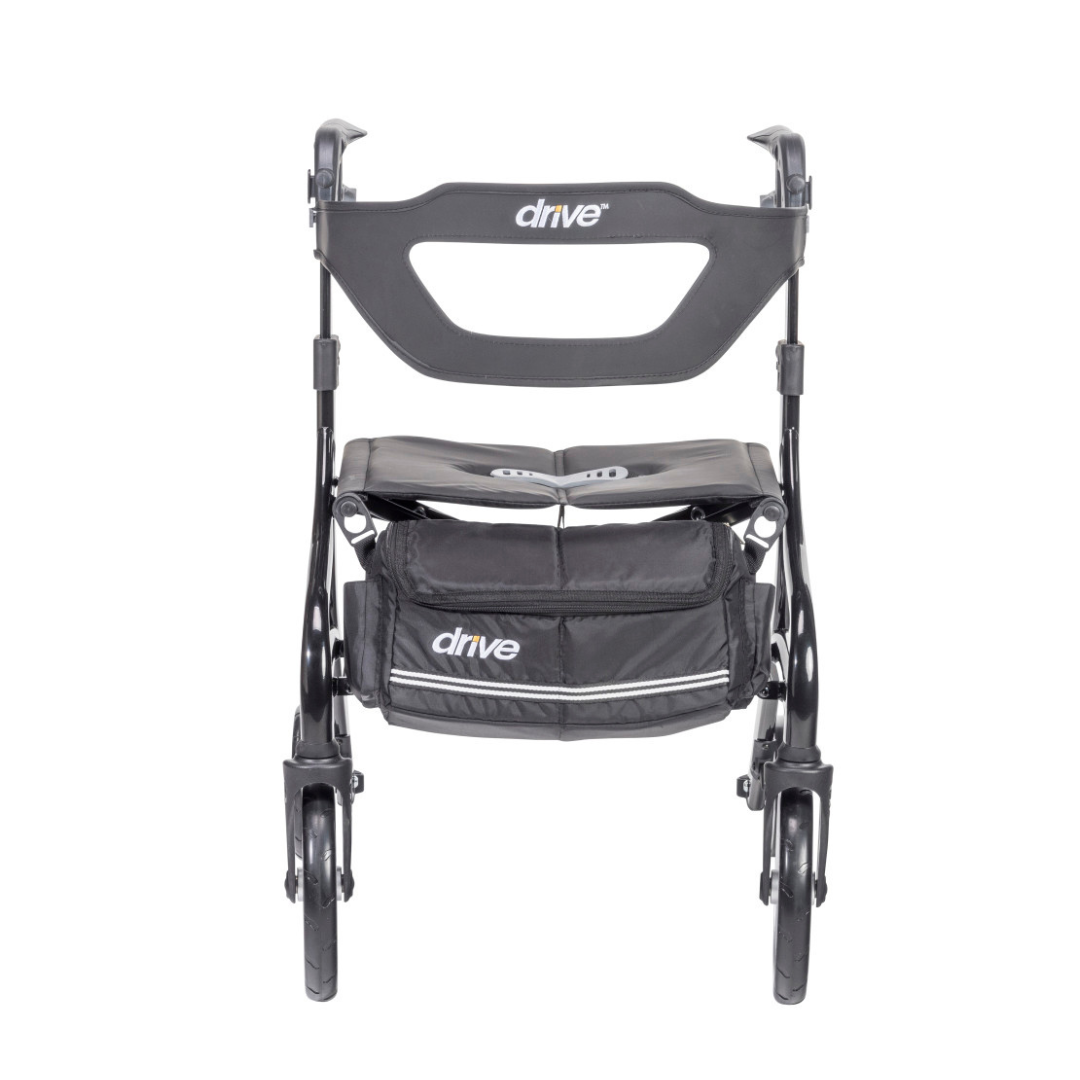 The Drive Nitro® Sprint Rollator with Accessory Bundle is a lightweight, four-wheel walker with a front storage pouch. The drive logo appears on the backrest and pouch.