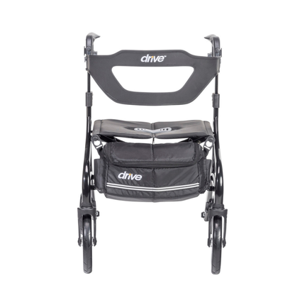 The Drive Nitro® Sprint Rollator with Accessory Bundle is a lightweight, four-wheel walker with a front storage pouch. The drive logo appears on the backrest and pouch.
