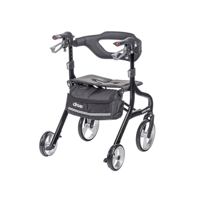 The Drive Nitro® Sprint Rollator with Accessory Bundle is a black, lightweight, foldable rollator featuring four wheels, a padded seat, curved backrest, storage pouch, and handle brakes for daily comfort and convenience.