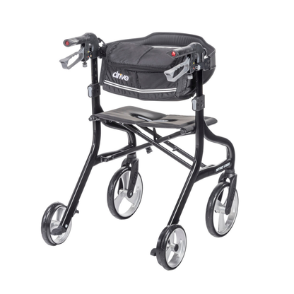 The Drive Nitro® Sprint Rollator with Accessory Bundle is lightweight, features four wheels, a padded seat, ergonomic hand brakes, a “drive” storage pouch, and offers easy maneuverability for daily use.