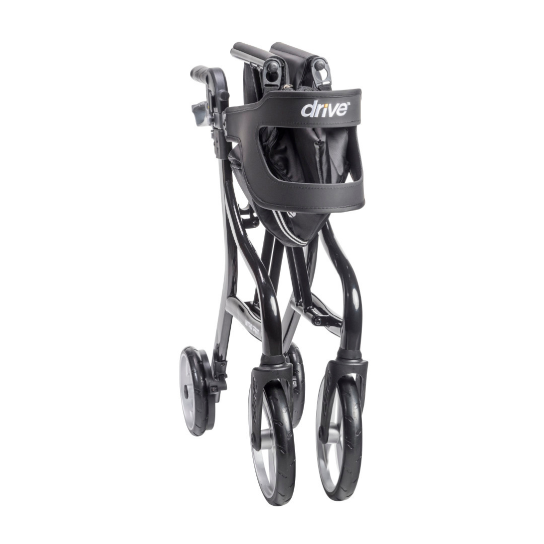 A black Drive Nitro® Sprint Rollator with Accessory Bundle is shown folded for storage or transport, highlighting its compact design with four wheels and a built-in seat visible from the front.