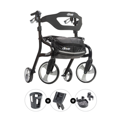 The Drive Nitro® Sprint Rollator with Accessory Bundle is a black and silver lightweight walker with a seat, storage bag, and folds easily. Shown are three included accessories: cup holder, cane holder, and clip attachment.