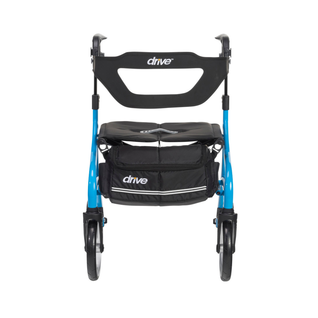 A Drive Nitro® Sprint Rollator with Accessory Bundle, blue and lightweight, features four wheels, a black seat, storage pouch, and Drive Nitro branding on the backrest and pouch, shown front-facing against a white background.
